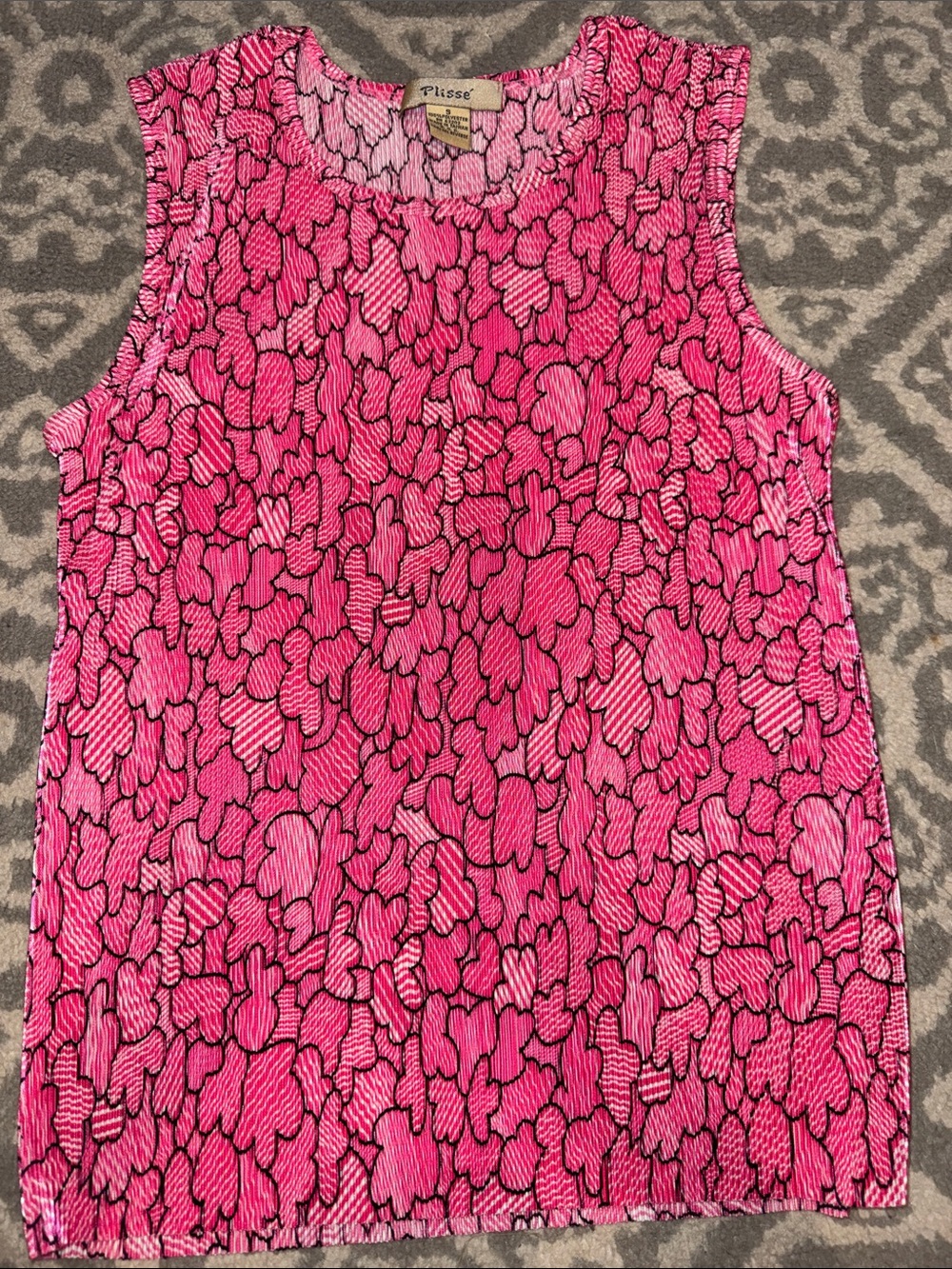 Plisse Pink Abstract Floral Sleeveless Tank Top